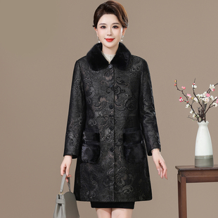 海宁真皮皮衣女中长款加棉外套压花中老年女装羽绒服2025冬季新款
