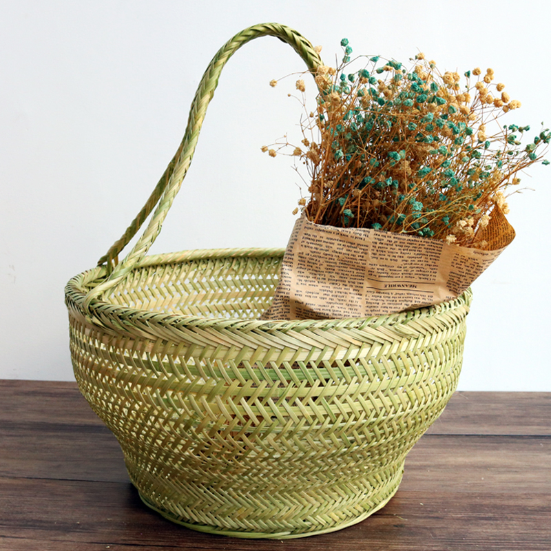 圆形购物篮装鸡蛋手工买菜篮子手提藤编竹编小竹篮编织老式家用i.
