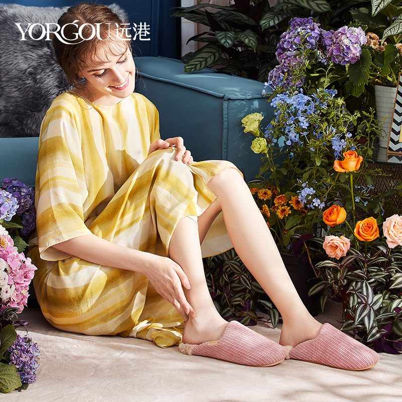 远港灯芯绒棉拖鞋女秋冬季居家室内家用防滑保暖软底地板毛绒拖男