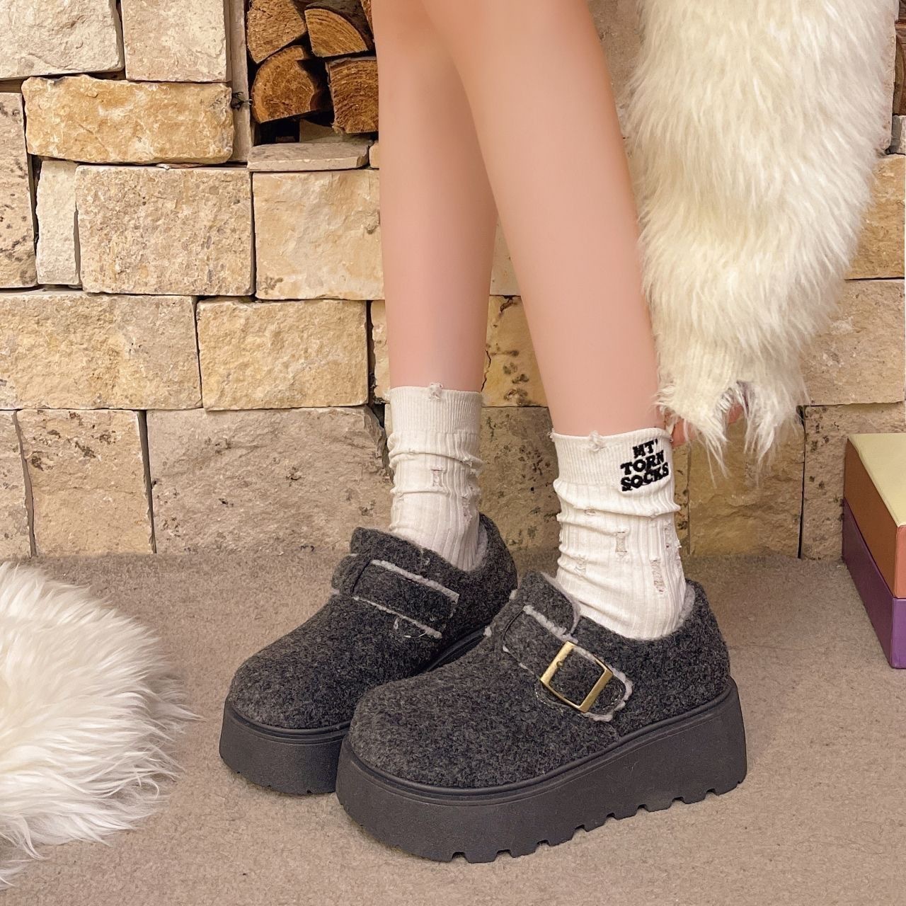 厚底增高毛呢勃肯鞋女2025新款秋冬加绒松糕复古百搭爆款毛毛棉鞋