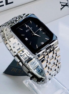 美国直邮正品Bulova宝路华手表男方形镶钻复古风商务休闲石英腕表