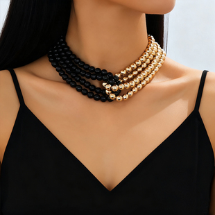 时尚 黑白黑金双色仿珍珠项链优雅迷人多层缠绕项链choker锁骨链