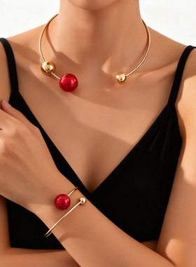 欧美跨境批发简约个性不对称几何圆珠红色仿珍珠项圈手镯套装