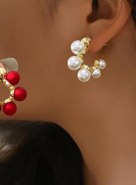 欧美跨境货源新年时尚复古红色优雅环形耳环白色珍珠耳钉日常耳饰