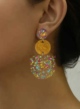 欧美跨境彩色亮片亚克力橙色圆片拼接耳环透明七彩圆形闪片耳坠