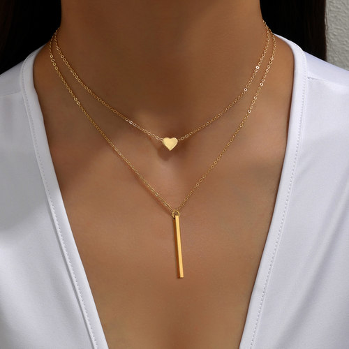 欧美跨境货源时尚简约个性金属爱心长条项链女双层锁骨链百搭项饰