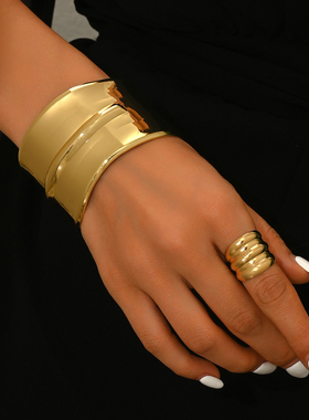 金属简约时尚夸张光面手镯戒指套装开口可调节女士日常街头小众