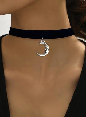 欧美跨境货源黑色细项圈女士秋冬季简约月亮项链小众哥特朋克风女