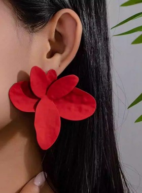欧美跨境货源度假时尚简约气质植物耳钉红色褶皱花瓣绿色花朵耳环