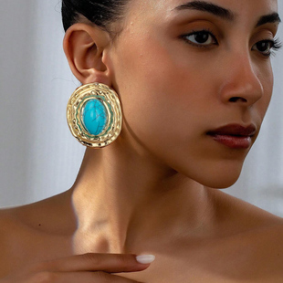 欧美跨境货源夸张中古圆形耳钉仿绿松石褶皱椭圆大耳环时尚女耳饰