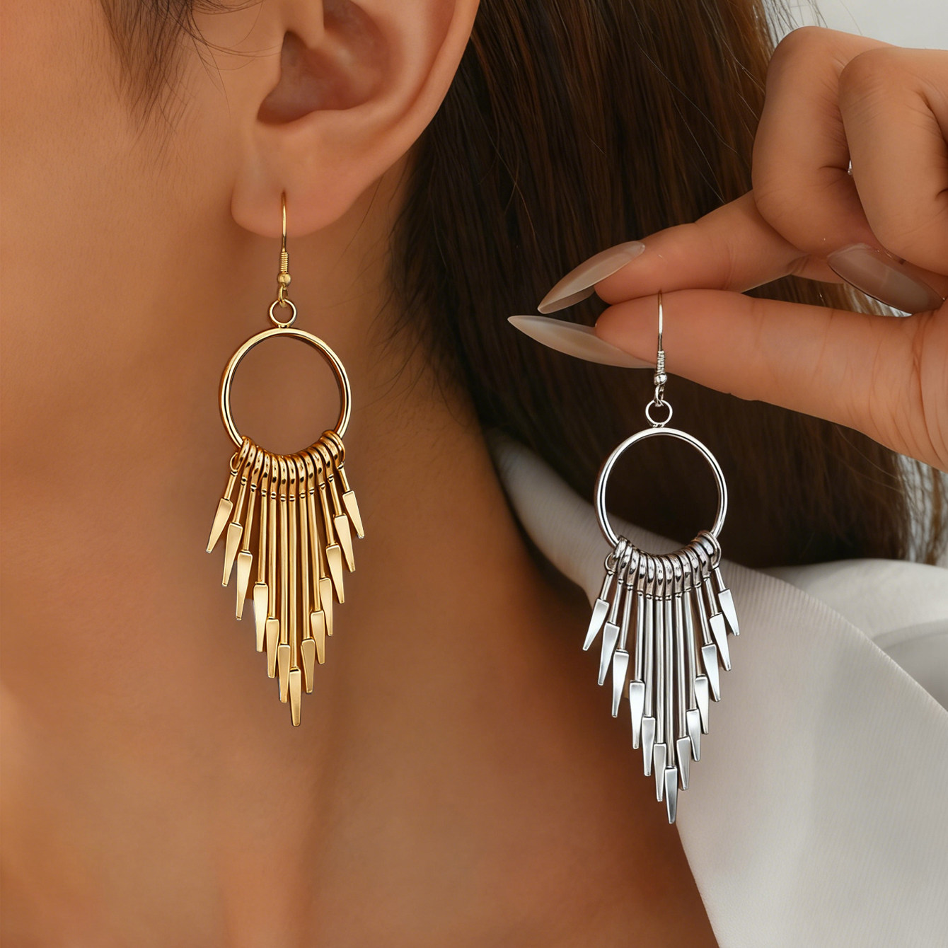 欧美夸张长款金属流苏耳坠几何镂空圆环长条三角形耳环朋克风耳饰