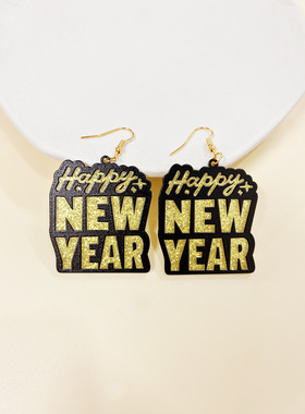 blingbling时尚甜酷新年耳环黑色卡牌亮片HAPPY NEW YEAR小众耳坠