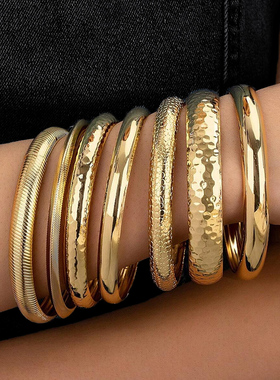 欧美跨境货源中古风锤纹手环花纹高级手镯套装气质叠戴精致简约