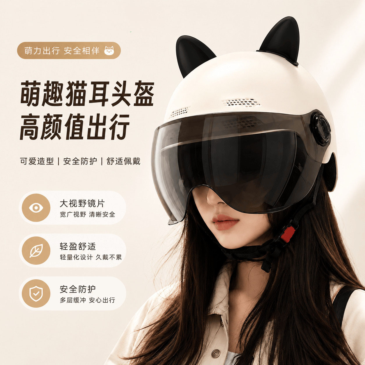 电动车半盔女士夏季防晒骑行安全帽防紫外线头盔高颜值可爱猫耳朵