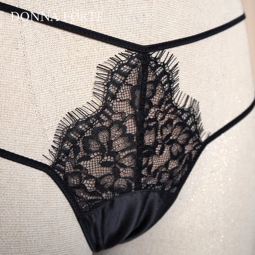 DonnaForte性感丁字裤女可拆卸毛球设计睫毛花边蕾丝缎面|心动