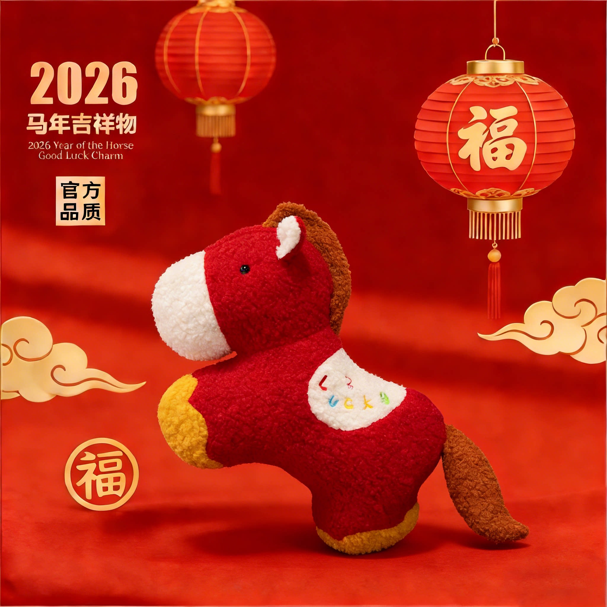狄高2026新国风马年吉祥物公仔毛绒抱枕靠垫国潮元宝玩偶小马装饰