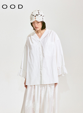 310MOOD花边飘逸袖2025春季新款女宽松休闲V领纯白花苞袖长袖衬衫