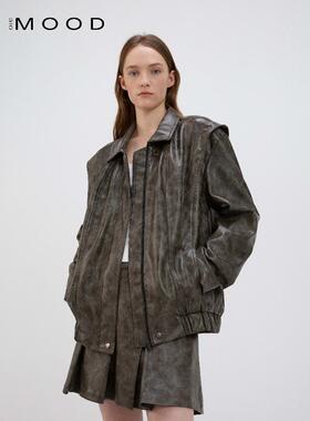 310MOOD秋季复古时髦宽松显瘦拼接叠肩皮夹克外套上衣气质高级感
