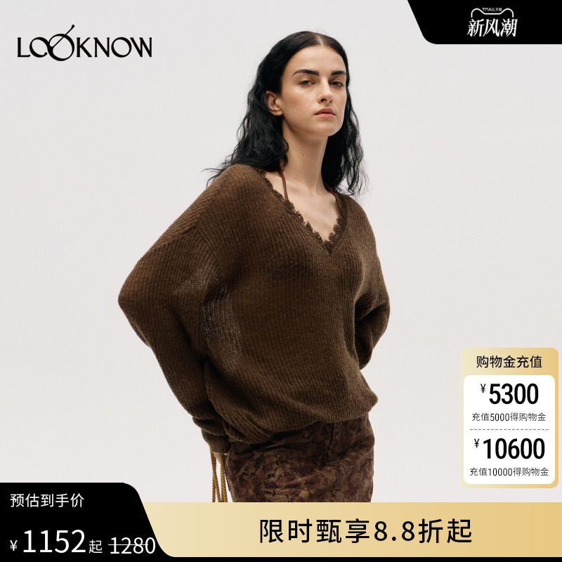 ICE DUST X LOOKNOW设计师品牌2025秋冬新款花边V领宽松针织衫女