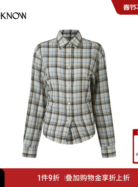 madeinormal x LOOKNOW2026春季新款蓝色格纹纽结宽松衬衫