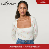 Rouje设计师品牌LOOKNOW秋新款 米色方领长袖 上衣女
