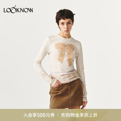 FORDARE福蝶 x LOOKNOW2026春夏新款印花蝴蝶结3D感长袖T恤打底