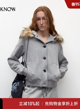 madeinormal设计师品牌LOOKNOW2025春新灰色毛毛领拼接卫衣外套女