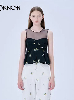 MING MA设计师品牌LOOKNOW春夏黑色网纱拼接小花刺绣上衣