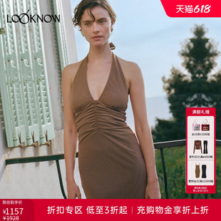 Rouje设计师品牌LOOKNOW夏季新款卡其棕V领无袖挂脖连衣裙