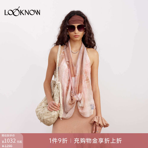 IF BY LAND x LOOKNOW2026春夏新品粉色墙壁印花扭结雪纺上衣
