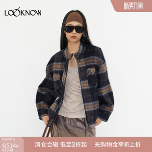 蓝色格纹廓形昵子夹克外套女 LOOKNOW2025秋冬新款 halfmoon