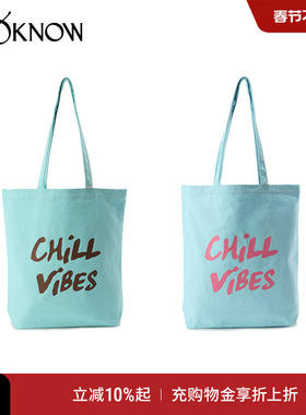 LOOKNOW设计师品牌春夏新款蓝色中号CHILL VIBES帆布袋