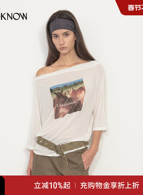madeinormal马术系列LOOKNOW25年夏季新款白色斜肩印花中袖T恤女