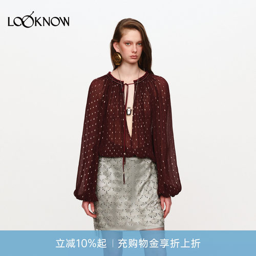 jacques wei LOOKNOW设计师品牌26秋季新品紫红色V领金丝透纱衬衫