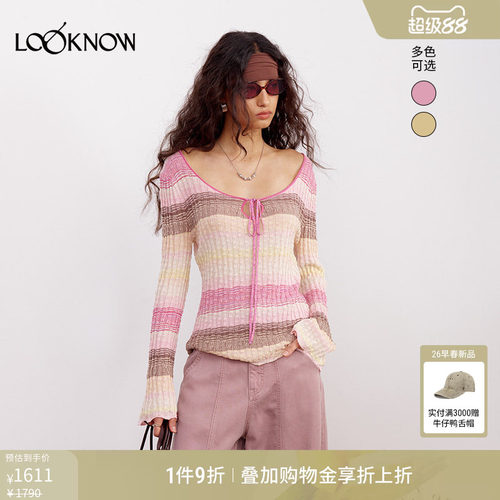 if by land x LOOKNOW2026春季新款渐变多色条纹圆领系带套头衫