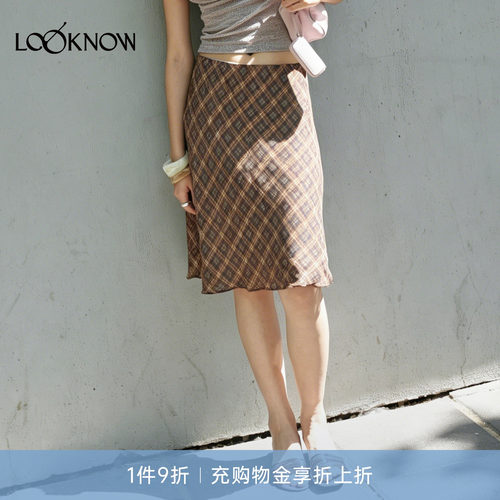halfmoon LOOKNOW26春夏新品棕色格纹纱感半裙
