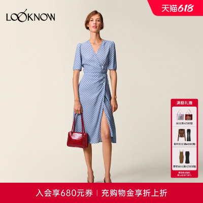 Rouje x LOOKNOW设计师品牌新款波点V领半袖连衣裙女
