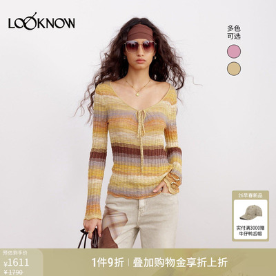 IF BY LAND x LOOKNOW2026春夏新款多色渐变条纹圆领系带套头衫