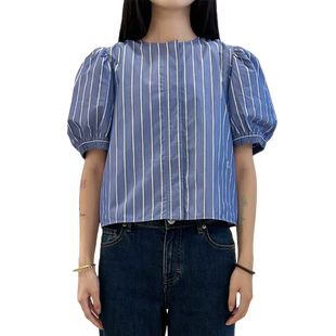 SHORT SENTENCE设计师品牌LOOKNOW24春夏泡泡袖条纹衬衫女