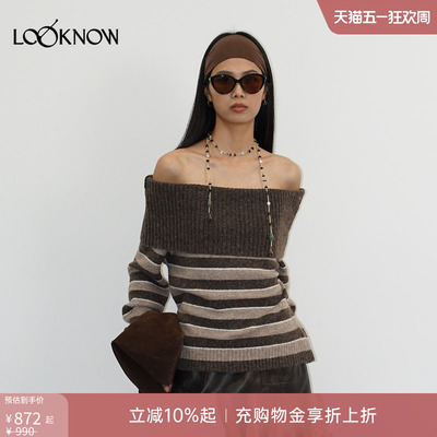 if by land X LOOKNOW秋冬新款棕色条纹一字肩上衣女