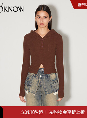 madeinormal设计师品牌LOOKNOW辣妹开衩显瘦上衣打底连帽针织衫