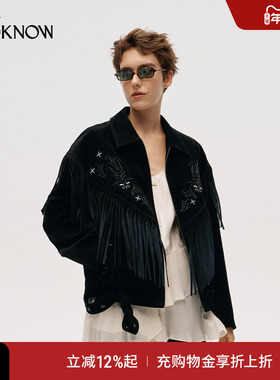 ICE DUST x LOOKNOW2025冬季新款浮雕绣流苏皮衣