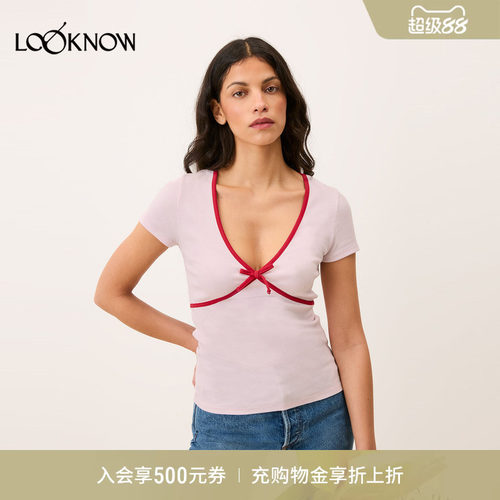 Rouje x LOOKNOW2026春季新款多色V领蝴蝶结T恤