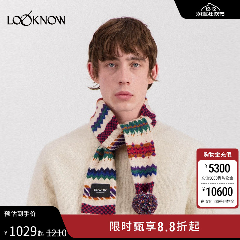 HOWLIN X LOOKNOW设计师品牌2025冬季新品海军蓝色菱形混纺围巾女