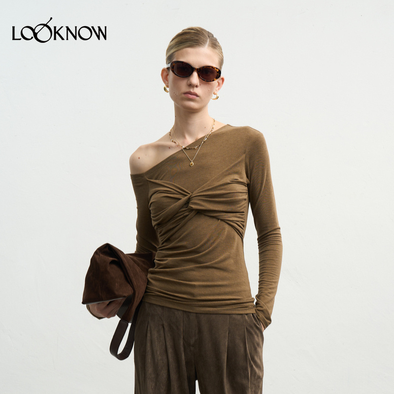 halfmoon X LOOKNOW225秋季新款黄绿色胸前纽结斜肩T恤女