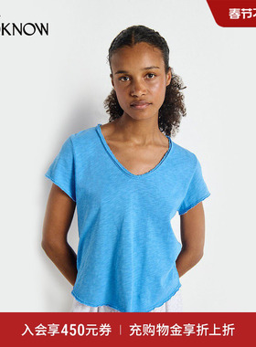 American Vintage设计师品牌LOOKNOW2025秋季多巴胺蓝色V领T恤女