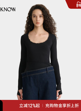 deepmoss X LOOKNOW2025年秋季黑色弧领弹力打底衫打底衫上衣女