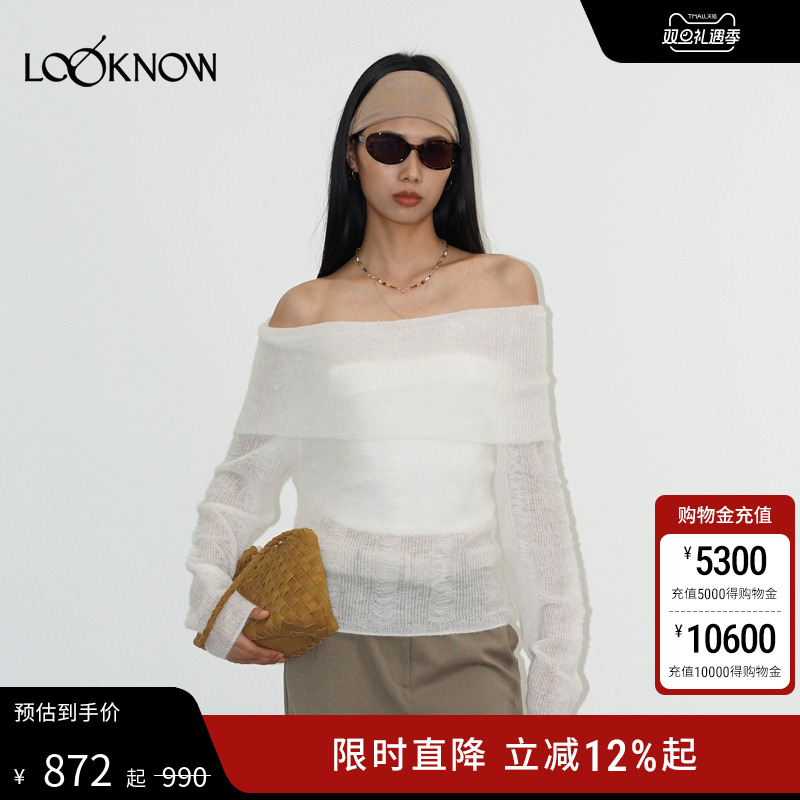 halfmoon X LOOKNOW25秋冬新品米白色漏针针法一字领针织衫女