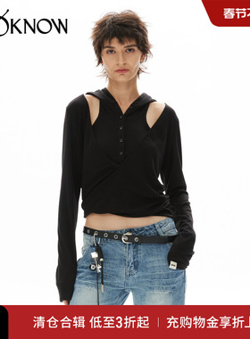 madeinormal设计师品牌LOOKNOW秋季新款黑色连帽v领针织衫