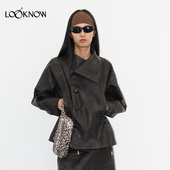 LOOKNOW2025秋冬新款 madeinormal 黑色大翻领仿皮风衣抽绳外套